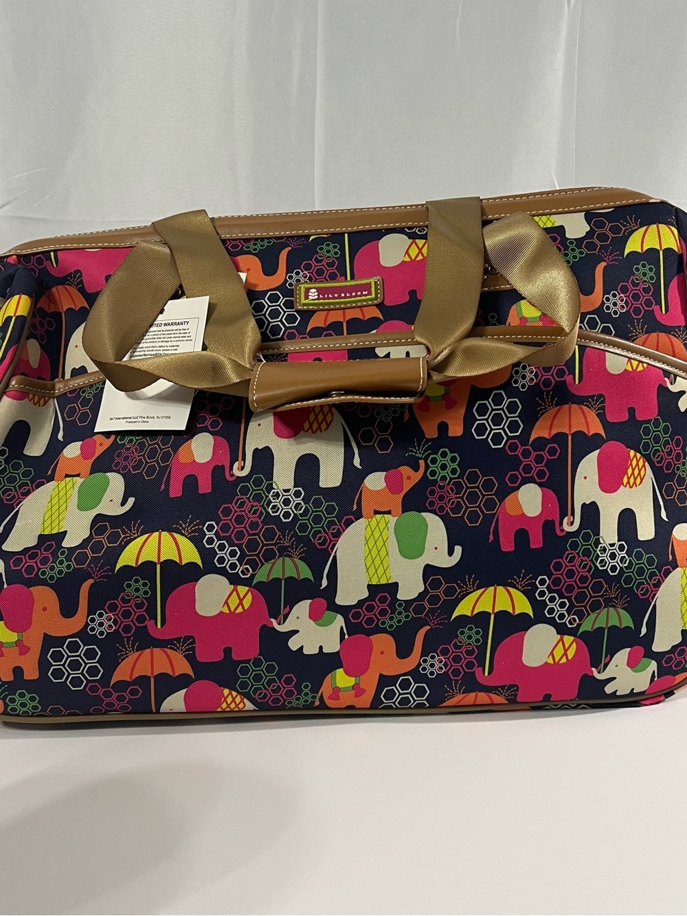Lily Bloom Navy Multi Elephant Print Travel Bag with Brown Trim